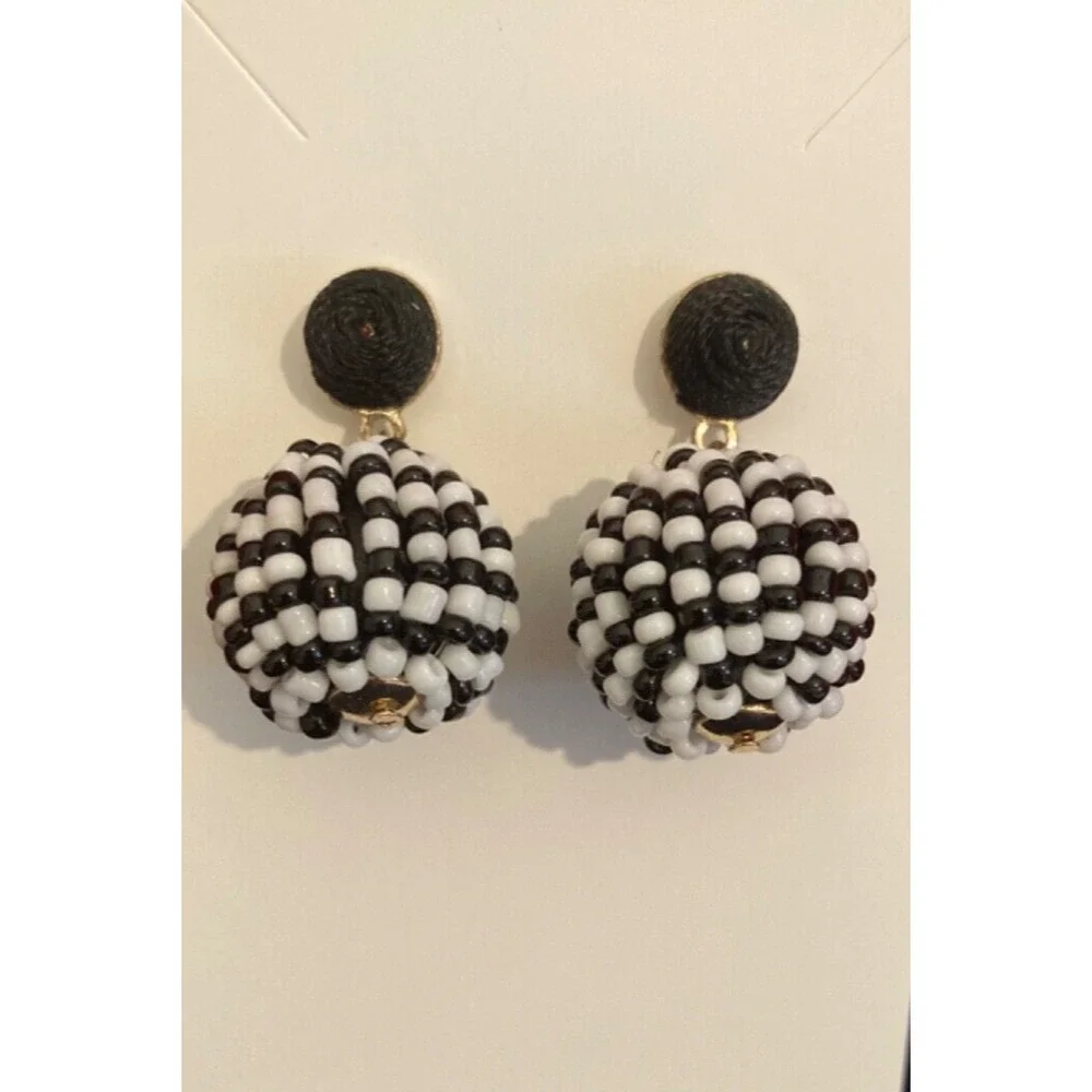 Earrings Seed Beads, Beaded Balls Navy & White Handmade‎ Nautical Boho